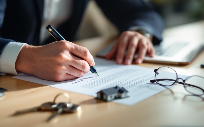 Ondertekening van een koopcontract met huissleutels op het bureau