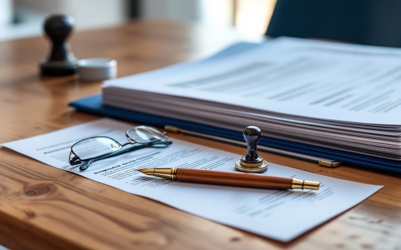 Property documents being checked with a pen and reading glasses