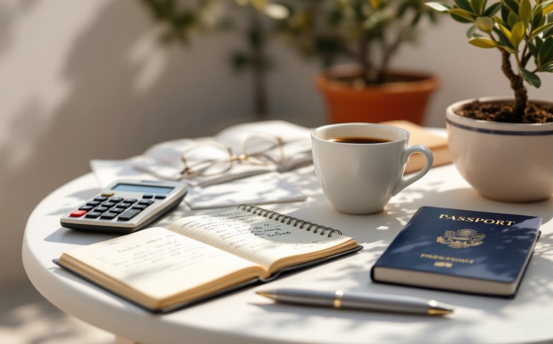 Notebook, calculator and passport on a sunny terrace table