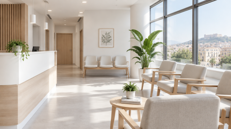 Bright, calm clinic waiting area