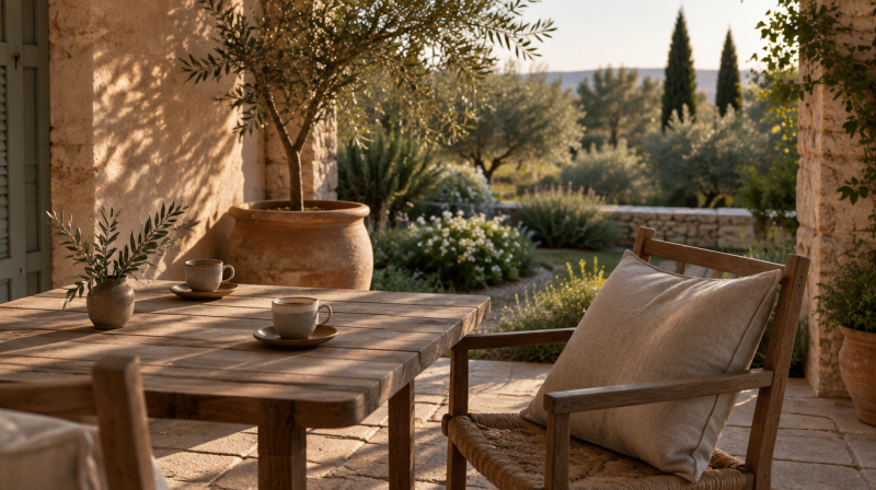 Shaded Mediterranean terrace with coffee