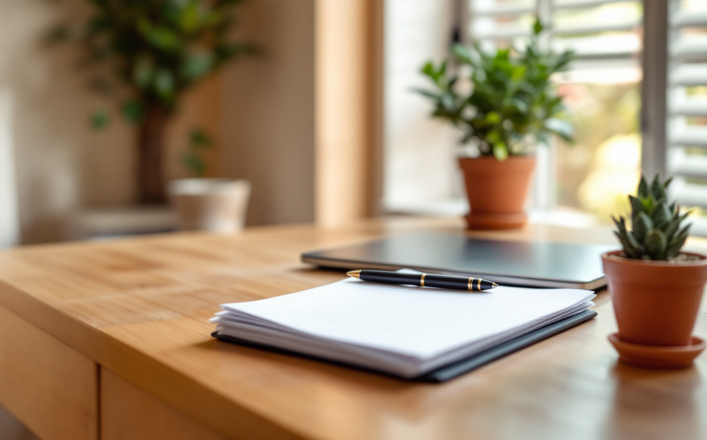 Desk with documents in a bright office on the Costa Blanca