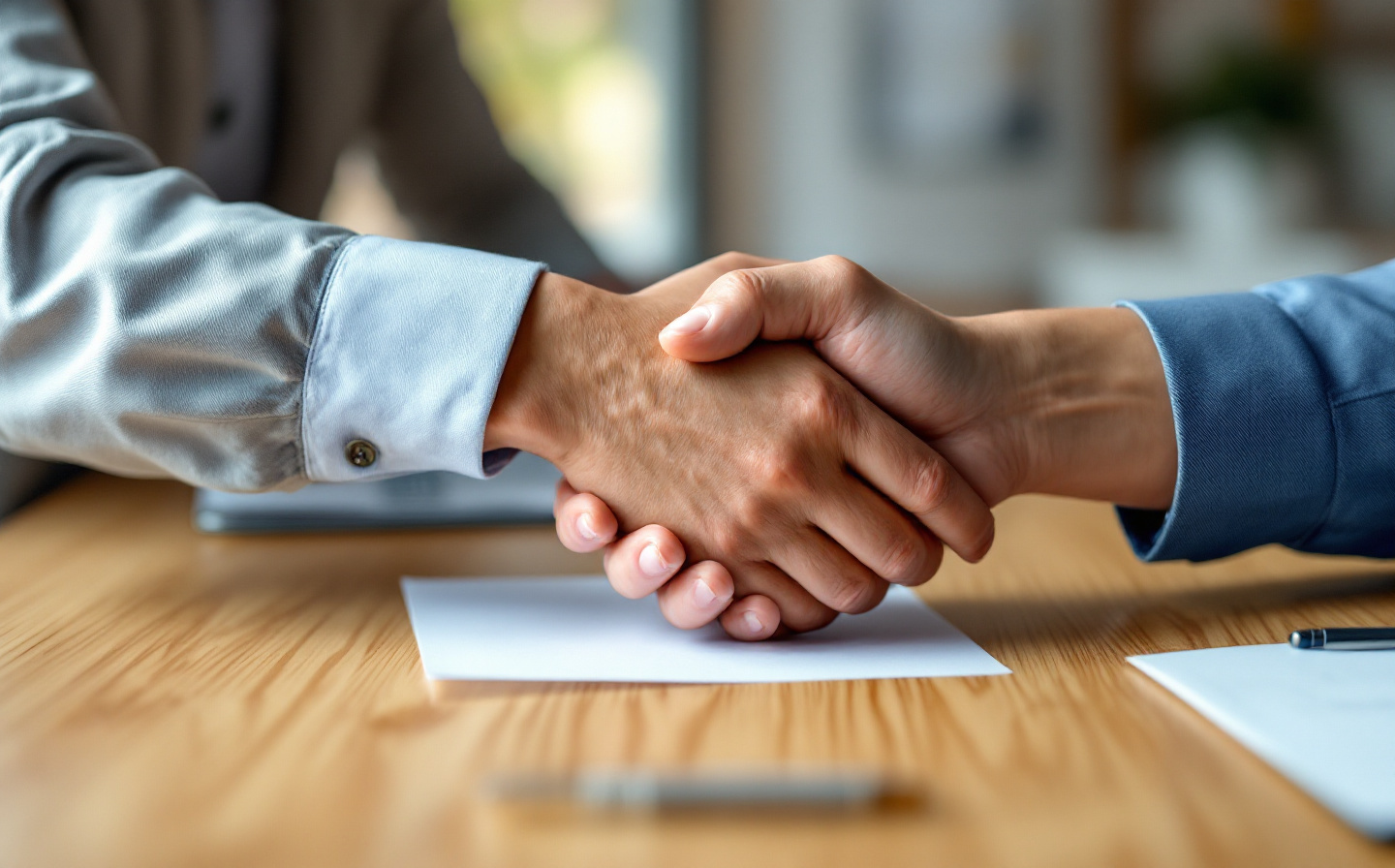 Handshake across a table after signing at the notary
