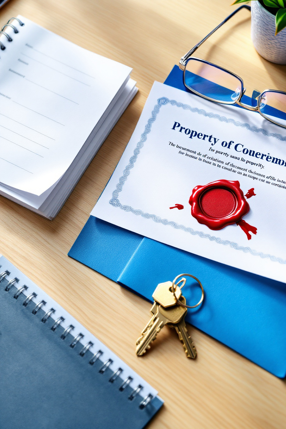 Property documents, a land registry folder and house keys on a desk