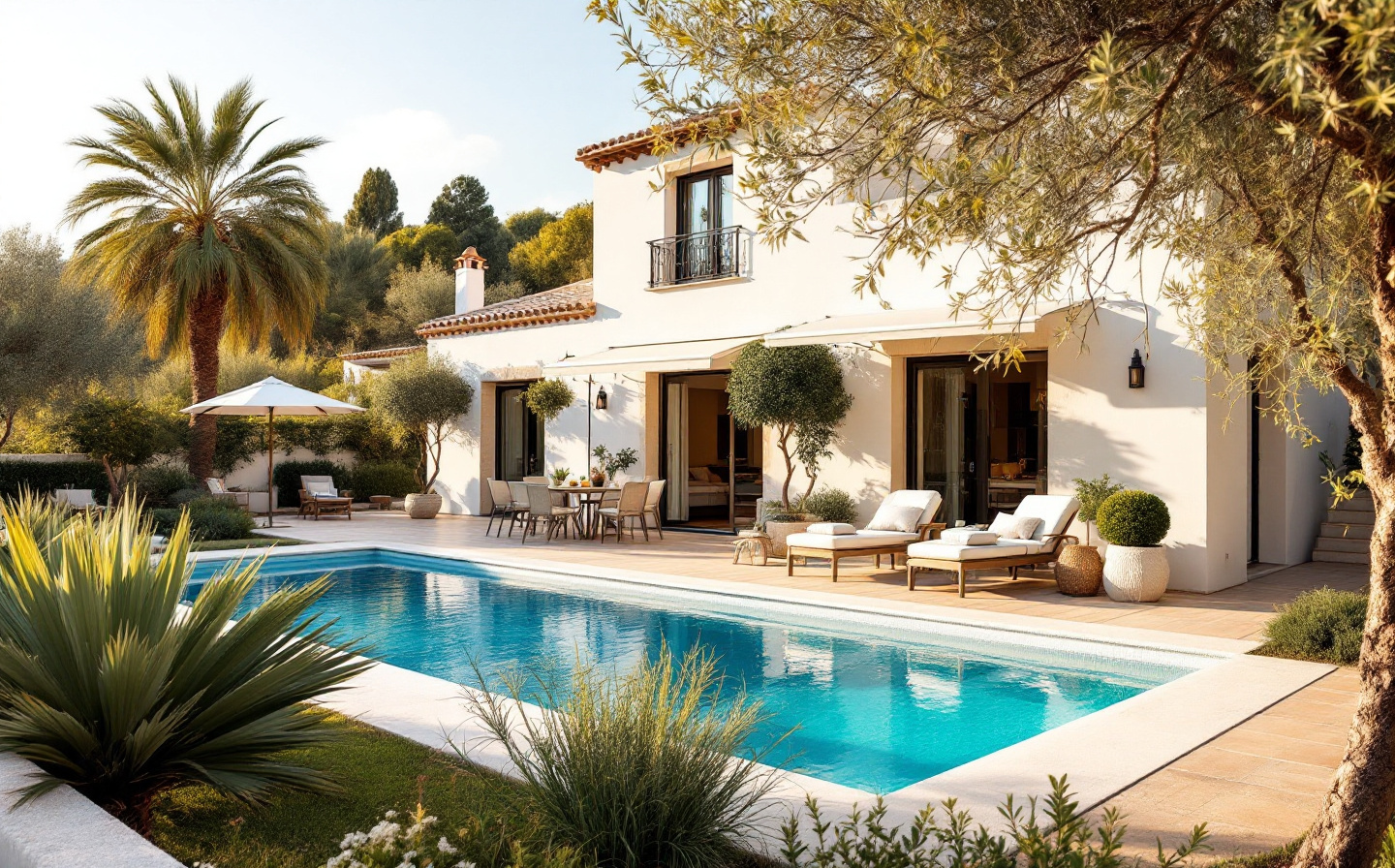 Mediterranean villa with pool terrace at golden hour