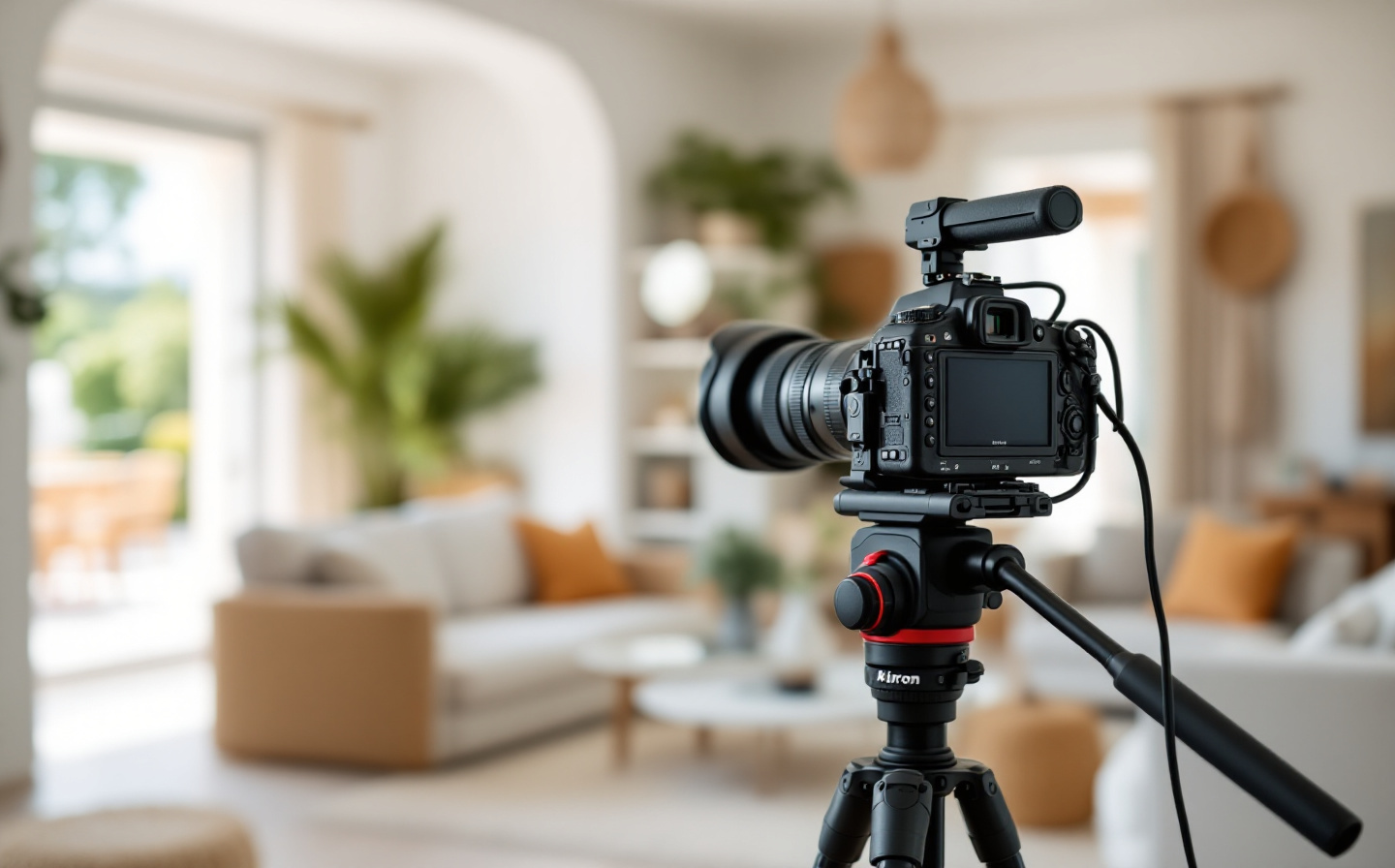 Camera on a tripod photographing a bright Spanish living room