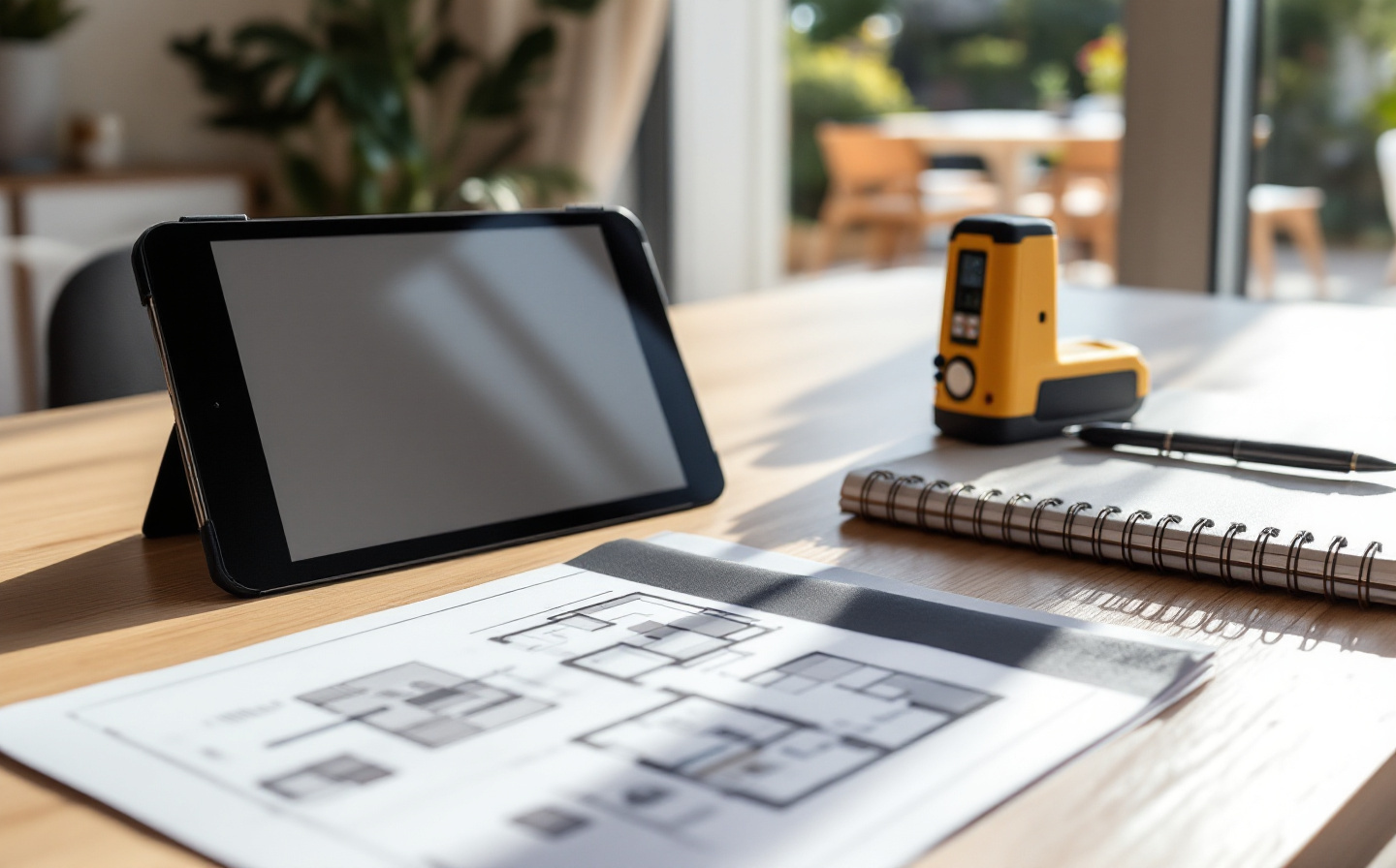Tablet with property data on a table in a bright Spanish home