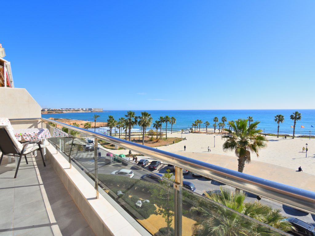 Top-floor frontline beach apartment balcony with panoramic Mediterranean sea views in Orihuela Costa