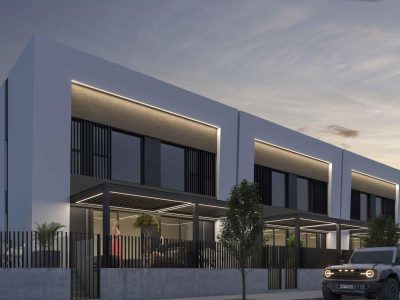 Modern three-storey townhouse in Dolores Alicante with rooftop solarium and terrace overlooking rural landscape